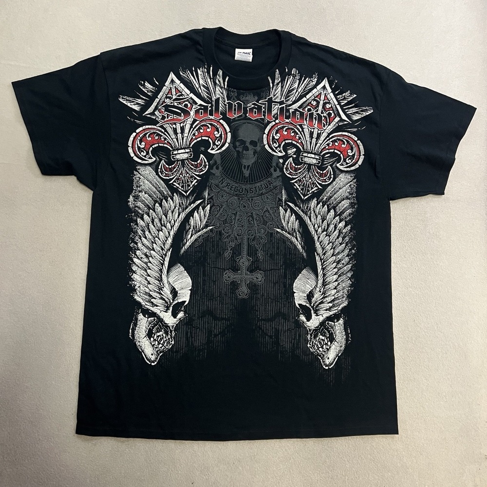 Vintage Salvation Affliction Style Skull Goth Wings Cross T-Shirt Men's XL Black
